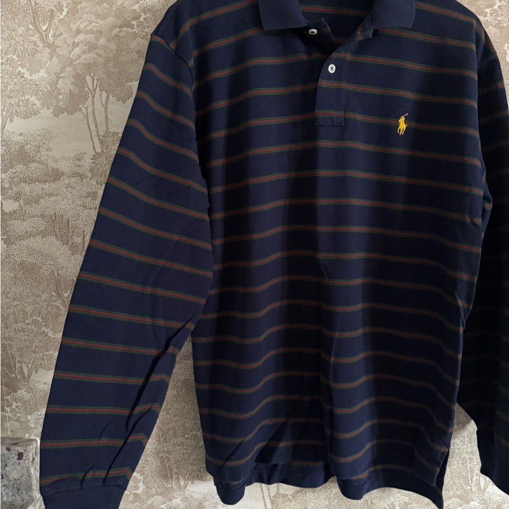 Vintage 90s Polo by Ralph Lauren Men's Long-Sleeve Navy Stripe Polo - Picture 4 of 8